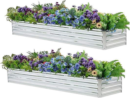 2 Pack 8x2x1FT Galvanized Raised Garden Bed Kit, Outdoor Metal Planter Box for Vegetables, Bottomless Rectangular Gardening Bed with Support Rods, Tool-Free Assembly, Silver