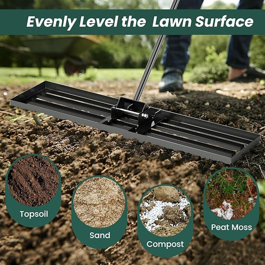 Goplus Lawn Leveling Rake, 42" x 10" Heavy Duty Level Lawn Tool w/ Ergonomic Handle for Soil, Effort-Saving Landscape Rake for Garden, Backyard, Golf Course, Farm, Pasture, Black