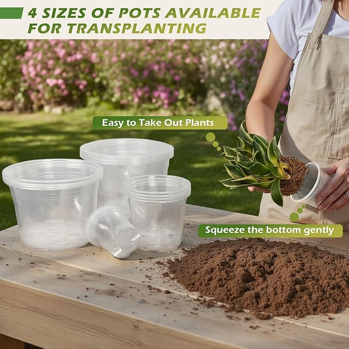 4/6/8/10 Inch Large Size Clear Nursery Pots for Plants, 16 Pack Plastic Plant Pots with Drainage Holes, Durable Seedling Starter Pot for Succulents Flowers Herb Vegetables
