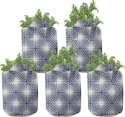 Lunarable Japanese Grow Bags 5-Pack, Modern Art Pattern, Heavyduty Fabric Pots with Handles for Plants, White Blue
