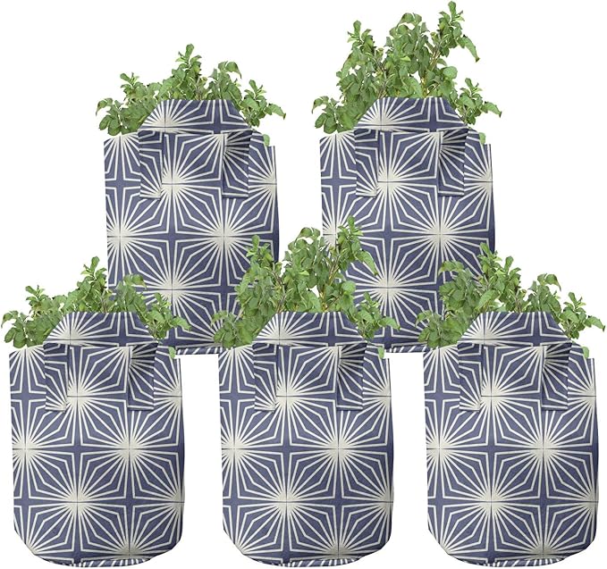 Lunarable Japanese Grow Bags 5-Pack, Modern Art Pattern, Heavyduty Fabric Pots with Handles for Plants, White Blue