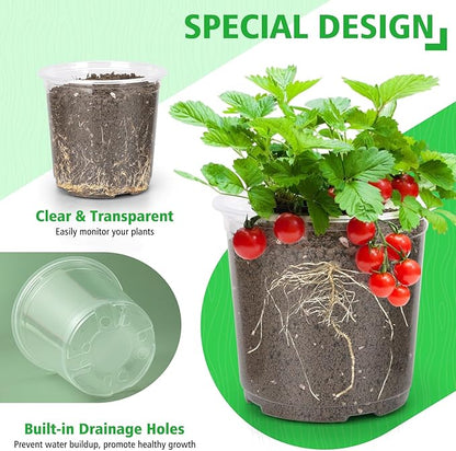6 Inch Large Clear Nursery Pots with Drainage, 20 Pack Plastic Pots for Plants, Ideal Seedling Pots and Plant Pots for Vegetables, Orchids, Aloe, Indoor Outdoor Use (6 inch-20 Pack)