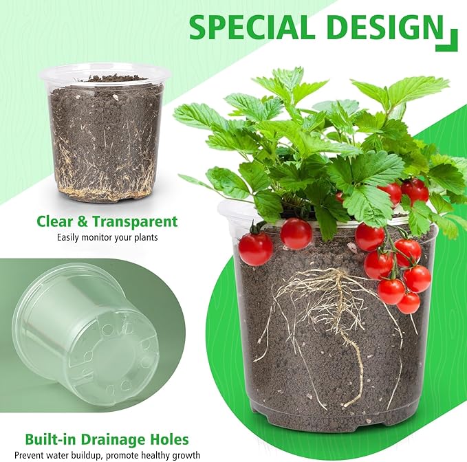 8 Inch Large Clear Nursery Pots with Drainage, 10 Pack Plastic Pots for Plants, Ideal Seedling Pots and Plant Pots for Vegetables, Orchids, Aloe, Indoor Outdoor Use (8 inch-10 Pack)