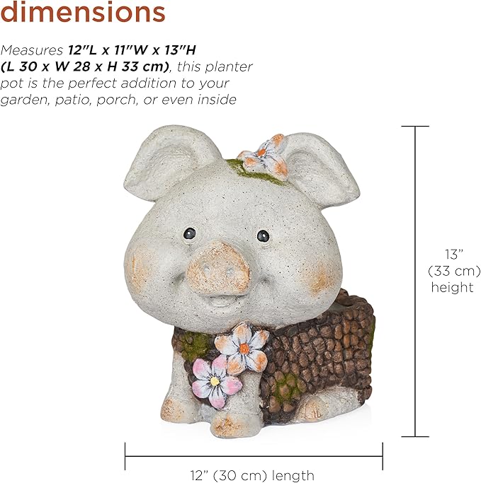 Alpine Corporation WQA1596 Smiling Pig Statue Planter w/Drainage Hole, Stylish Decor for Garden, Patio, & Lawn, 13" H, Gray