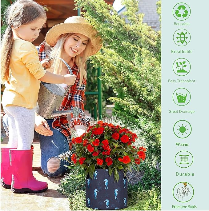 3 Gallon Nautical Sea Horse Starfish Shells Breathable Grow Bag Heavy Duty Thickened Plant Pot Containers with Handles for Potato Tomato Fruits Vegetables Flowers