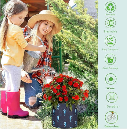 10 Gallon Nautical Sea Horse Starfish Shells Breathable Grow Bag Heavy Duty Thickened Plant Pot Containers with Handles for Potato Tomato Fruits Vegetables Flowers