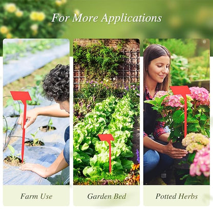 Marsui 202 Pcs Large Plant Labels Kit, Include 100 Outdoor Plastic Plant T Type Tags Waterproof Reusable Plant Markers Stakes, 100 PET Films and 2 Marker Pens for Herbs Pot (Red,11.8 Inch)