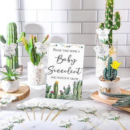 Newcotte Baby Shower Party Favors Succulent Tags Include 1 Piece Wooden Table Sign 50 Sets Succulent Plant Marker Succulent Favors Baby Shower Decoration(Cactus)