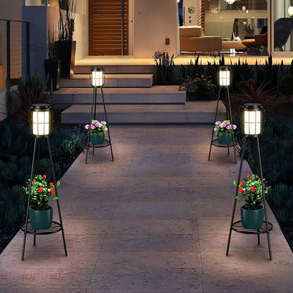 MXwcy 2 Pack Solar Lights Outdoor with Plant Stands - Solar Floor Lamp & Street Lights with Metal Tripod - Patio Decor for Garden, Yard, Pathway, Driveway, Porch