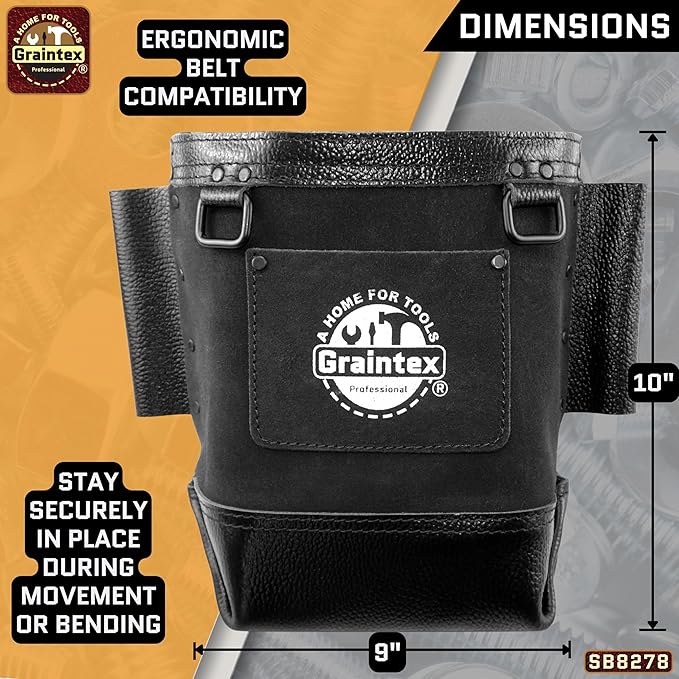 Graintex Nut & Bolt Bag, Black Color Premium Quality Suede Leather Tool Bag, Tool Belt Ironworker, Bull Pin Loops, Ideal for Heavy-Duty Use, Bolt Bags for Construction Professionals - SB8278