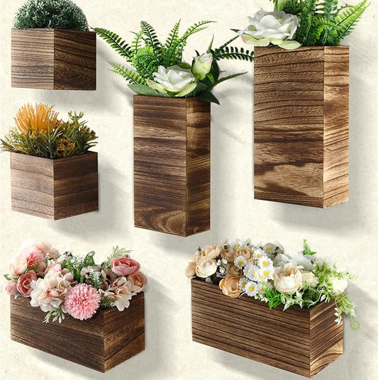 6 Pack Rustic Wood Wall Planters Hanging Wall Planters Pocket Vases Hanging Decor Vase for Plants Dried Flowers Faux Greenery Plants Indoor Living Room Bedroom Farmhouse Home Decor(5 Sizes)