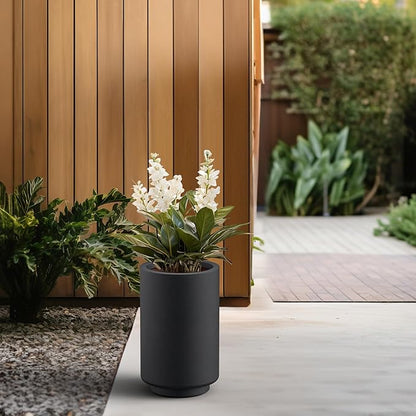 Kante 15.7 Inch Tall Concrete Planter, Round Pedestal Design Garden Pot for Indoor Outdoor Plants, Modern Garden Pot with Drainage Hole, Black Finish with Painted Interior