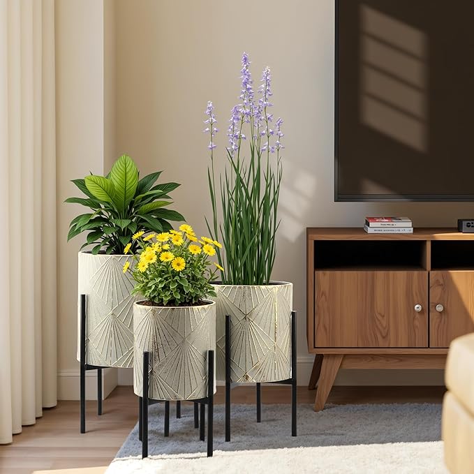 LuxenHome Planters for Indoor Plants, Set of 3 Floor Plants Pots with Stands, Modern Decorative Metal Flower Pots, Green Gray Cachepot Planters,10.5", 12", 14" Inch