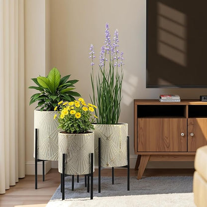 LuxenHome Planters for Indoor Plants, Set of 3 Floor Plants Pots with Stands, Modern Decorative Metal Flower Pots, Green Gray Cachepot Planters,10.5", 12", 14" Inch