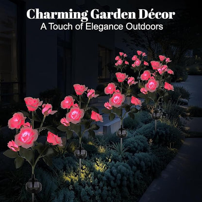 Solar Rose Lights Outdoor, 2 Pack with 14 Rose Flowers Waterproof Color Changing LED Flower Lights, Solar Powered Garden Stakes for Yard, Patio, Pathway Decor - Artificial Floral Decorative Lighting