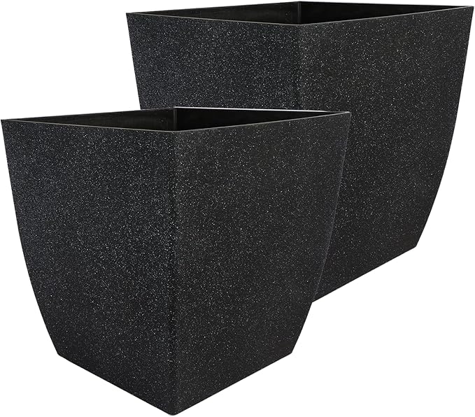 The HC Companies Santa Fe Square Self-Watering Pot - Lightweight Plastic Planter for Herbs & More - Durable Plant Pots for Indoor Plants & Outdoor Plants (16" Black Sand, Pack 2)