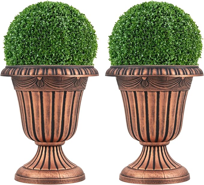 Giantex 18" Tall Vintage Planters Set of 2, Urn Plastic Flower Pots with/Pedestal Base & Pre-Marked Drain Hole, Indoor Outdoor Decorative Plant Containers for Front Porch Home Wedding, Bronze