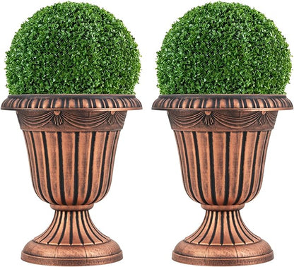 Giantex 18" Tall Vintage Planters Set of 2, Urn Plastic Flower Pots with/Pedestal Base & Pre-Marked Drain Hole, Indoor Outdoor Decorative Plant Containers for Front Porch Home Wedding, Bronze