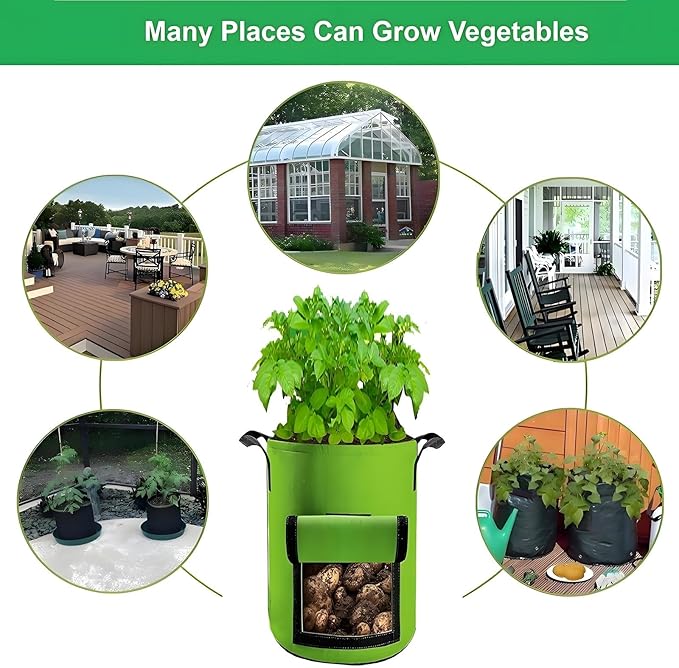 Potato Grow Bags,(5 Pack 10 Gallon) Garden Vegetables Growing Planter with Handles and Access Flap for Planting Potato Carrot Onion Taro Radish Peanut, (Green)