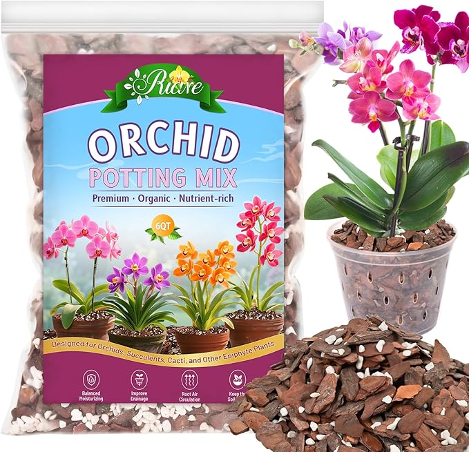 Riare 6QT Orchid Potting Mix, Natural Orchid Bark Potting Mix Soil Medium with Pine Bark and Perlite, Premium Orchid Repotting Kit for Phalaenopsis Dendrobiums, Enhanced Drainage & Root Expansion