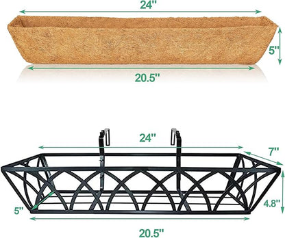 6pcs 24 Inch Window Deck with Coco Liner, 24" Window Boxes Horse Trough with Coconut Coir Liner, Metal Hanging Flower Planter Window Basket Deck Railing Planter Boxes for Outdoor Indoor Lawn
