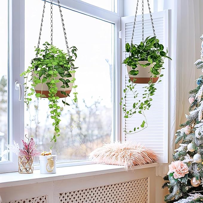 Hanging Planters for Indoor Plants, Set of 2 8/10 Inch Self-Watering Hanging Pots with Drainage Hole & Removable Water-Storage Tray II Screw-in Hooks II