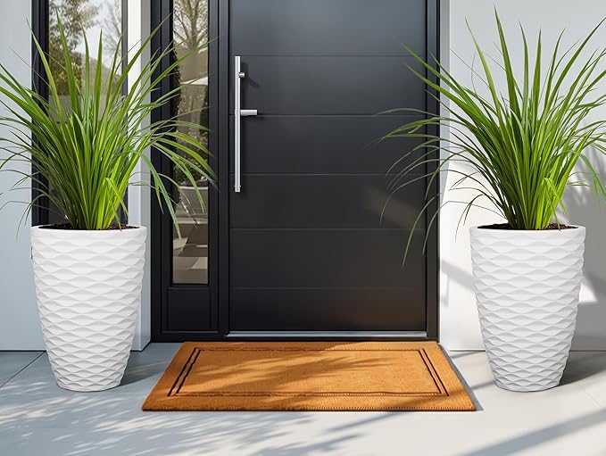 19" H Coastal Planter for Indoor/Outdoor Plants, Set of 2 Large Flower Pot with Drainage Hole, Weather/UV Resistant Resin Planters for Garden Patio Porch Home Office Decor, Matte White Wavy