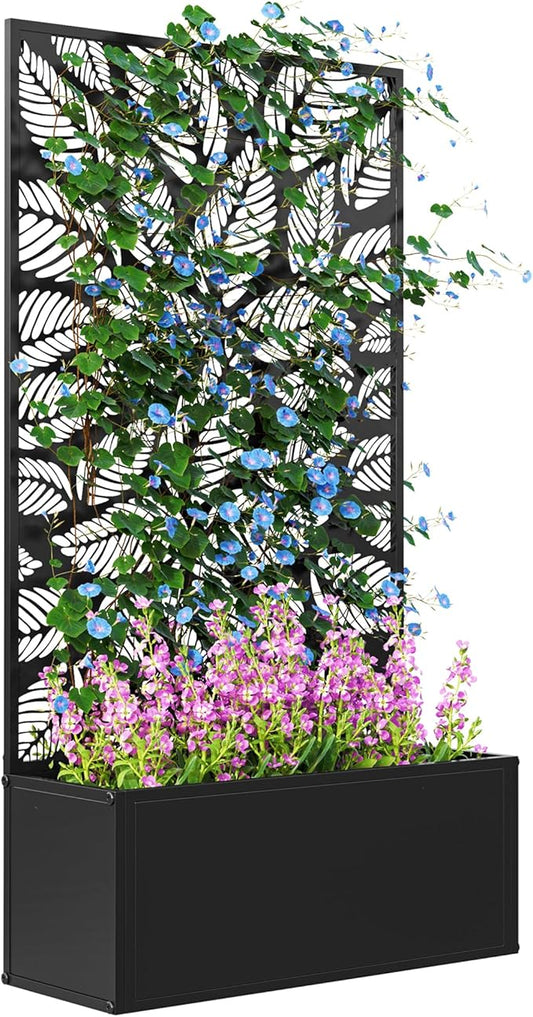 Outsunny Metal Raised Garden Bed with Trellis for Climbing Plants, Freestanding or Wall Mounted Flower Bed with Privacy Panel, Small Leaves Cut-Outs Outdoor Planter Box for Garden, Patio, Balcony
