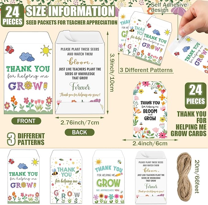End of Year Gifts Teacher Thank You for Helping Me Grow Envelopes Seed Packets Include 24 Mini Terracotta Pots Seed Packets 24 Self Adhesive Envelopes Thank You Tags Gifts for Graduation