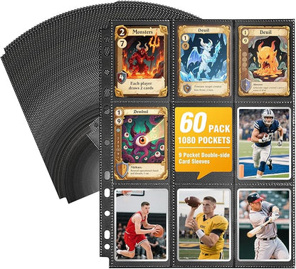 60 Pack 1080 Pockets Black Trading Card Sleeves Binder Sheets, Double Sided Thicken Game Card Sleeves for 3 Ring Binder, 9 Pocket Side Loading Page Protector for MTG, Yugioh, Game, Baseball Cards