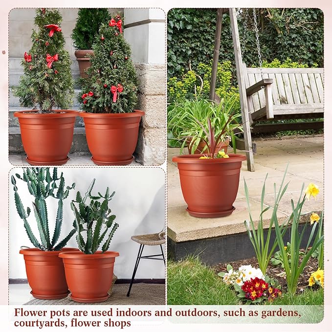 12 Pack 10'' Plastic Plant Pots Round Planter Pots with Saucer Tray Seedling Pots with Holes Seed Resin Plant Pot Starting Nursery Flower Container with Pallet for Garden Outdoor Indoor