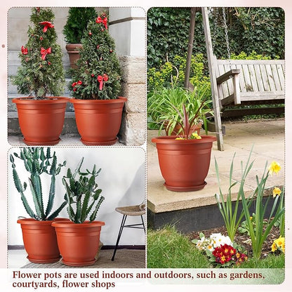 12 Pack 10'' Plastic Plant Pots Round Planter Pots with Saucer Tray Seedling Pots with Holes Seed Resin Plant Pot Starting Nursery Flower Container with Pallet for Garden Outdoor Indoor