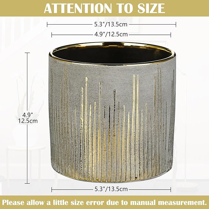 Small Ceramic Pot for Indoor Plants, 5.3 inch Plant Pot with Drainage Hole Decorative Texture Gold Planter Indoor Outdoor Flower Pots for Succulent Snake Plant Pothos Orchid