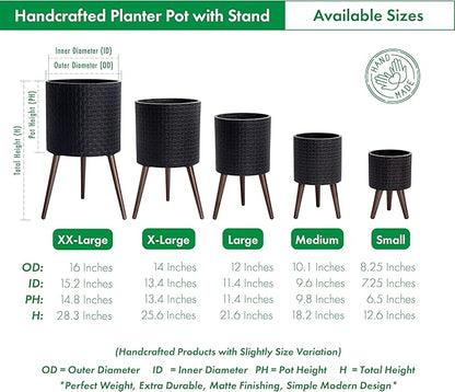 D'vine Dev 10 Inch Modern Geometric Tile Patterned Sleek Planter Pot with Stand, Indoor Outdoor Decorative Plant Holder, Distressed Black, 88-Z-B-5