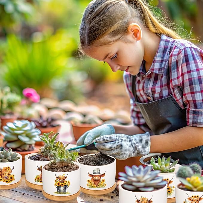 6Pcs Highland Cow Decor Gift Planter Rustic Cow Sunflower Ceramic Succulent Pots Animal Plant with Tray Appreciation Gift for Farmhouse Home Office Kitchen Bathroom, No Plants
