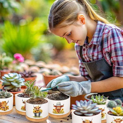 6Pcs Highland Cow Decor Gift Planter Rustic Cow Sunflower Ceramic Succulent Pots Animal Plant with Tray Appreciation Gift for Farmhouse Home Office Kitchen Bathroom, No Plants