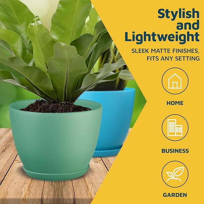 Multicolor Plant Pots with Drainage Holes & Saucers 10 Pack, Indoor & Outdoor Stackable Space-Saving Planters for Houseplants & Flowers, (7", 6.7", 6", 5.3", and 4.8" Inches), Durable & Weatherproof