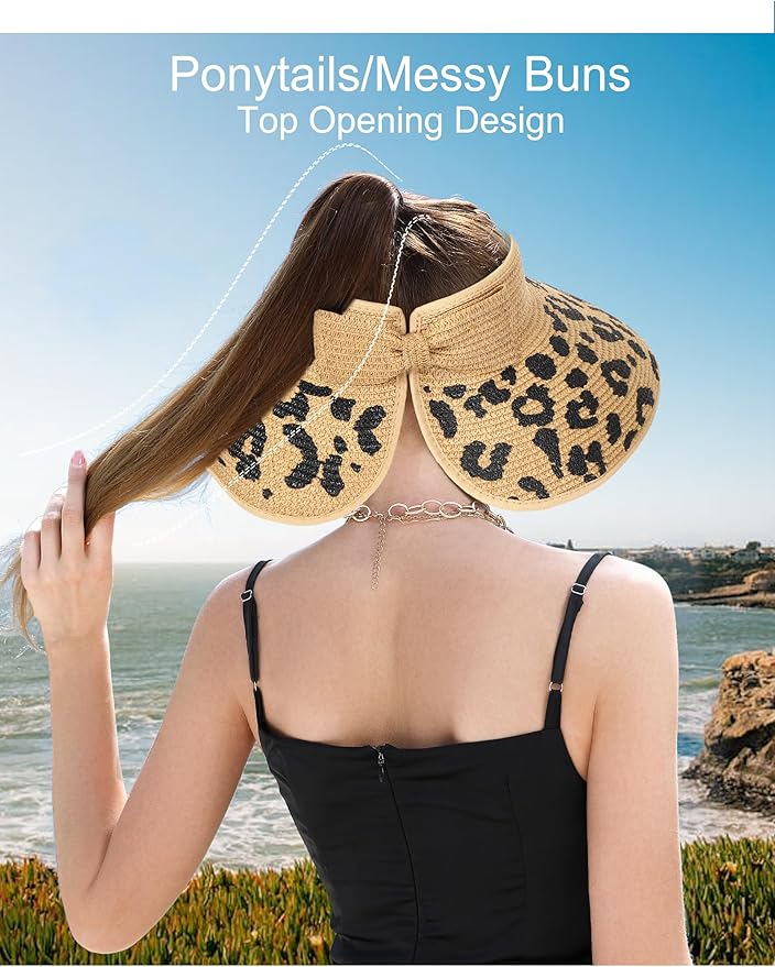 Womens Beach Straw Sun Hats Ponytail Hole Wide Brim Summer Visor Foldable Hat Sun Protection Packable for Travel Pool