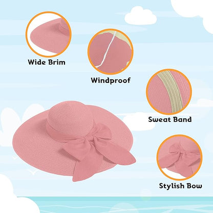 Women's Wide Brim UPF 50+ Straw Sun Hat with Bow - Foldable Packable Summer Beach Hat with Chin Strap