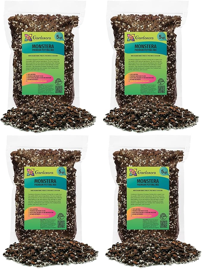 GARDENERA Premium Monstera Soil Blend - 20 Quart - Quick Drain Soil for Monstera Deliciosa and Other Large House Plants (4 Bags of 5 Quart)
