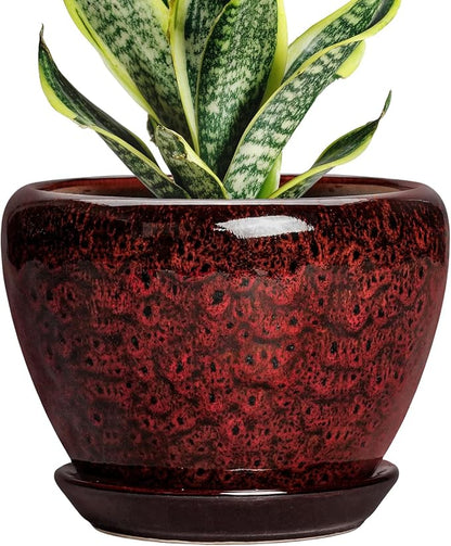 6 Inch Ceramic Pots for Plants - Indoor Plant Pots with Drainage Hole and Saucer, Decorative Planters for Outdoor Plants, Modern Planter, Living Room Decor, Gardening Gifts, Red Leopard