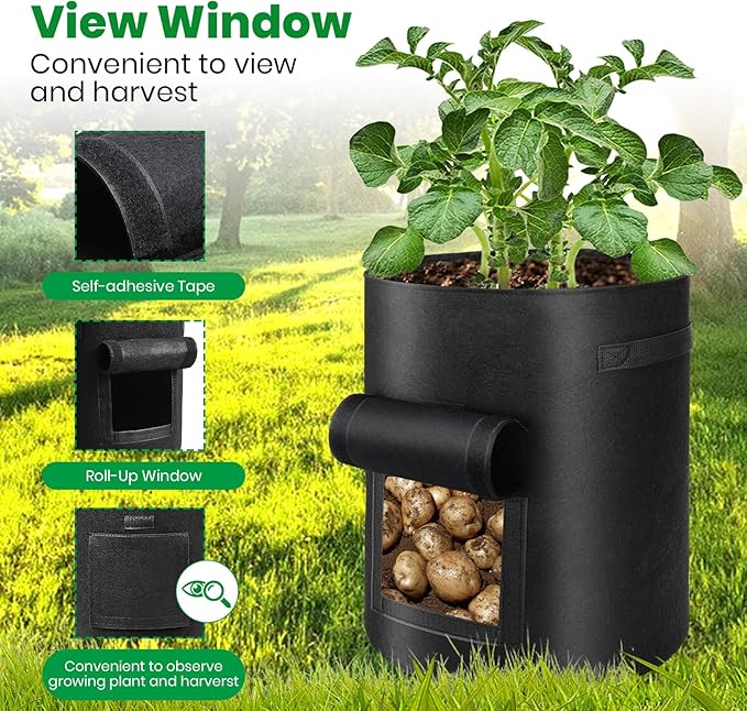 6 Pack Potato Grow Bags, 10 Gallon Planting Bags Large Fabric Pots with Flap Window Vegetable Planter Garden Pot Tall Potato Growing Containers with Handles for Vegetables, Fruits and More, Black