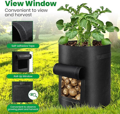 6 Pack Potato Grow Bags, 10 Gallon Planting Bags Large Fabric Pots with Flap Window Vegetable Planter Garden Pot Tall Potato Growing Containers with Handles for Vegetables, Fruits and More, Black