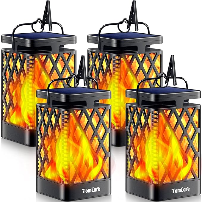 TomCare Solar Lights Outdoor Flickering Flame Solar Lantern Outdoor Waterproof Hanging Lanterns Decorative Lighting LED Flame Lights for Patio Garden, Black 4 Pack