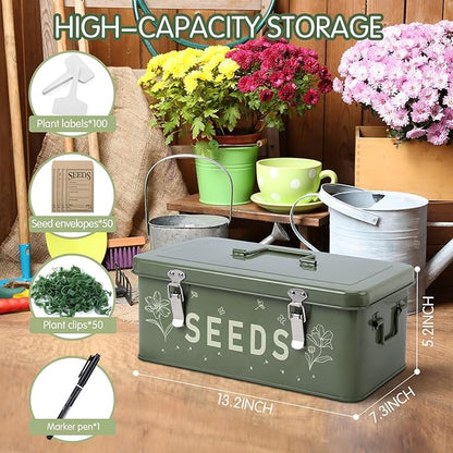 Seed Storage Organizer, Seed Saving Box with Lid, Metal Seed Bin Seed Packet Container with 100 Plant Labels 50 Seed Envelopes 50 Plant Clips 1 Marker Pen, 4 Compartments Box with Locks, Green