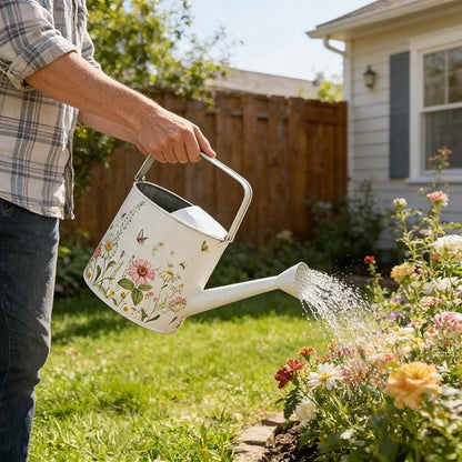 Vintage Floral Metal Watering Can for Indoor/Outdoor Plants, White Functional Garden Waterer with Long Spout, Garden Water Pot Rustic Decor for Home Garden Patio