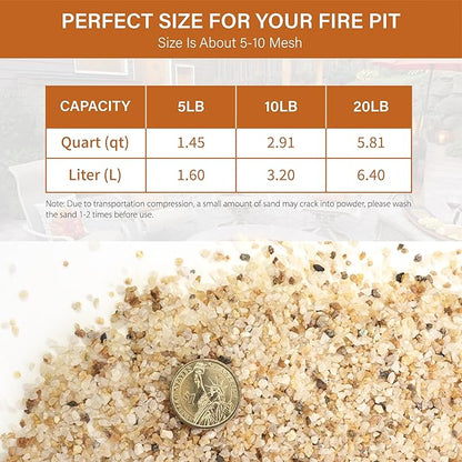 NUPICK 5-10 Mesh Silica Sand for Fire Pit, 20lb Coarse Sand for Fireplaces, Decorative Sand for Gas or Propane, Heatproof Base Layer Under Fire Glass, Lava Rocks, Wood, Garden, Vase Filler, Aquarium
