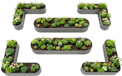A ANLEOLIFE 6-Piece 18 Inch Tall Quartz Grey Raised Garden Beds Kit, Heart-Shaped & Long Oval Planters for Creative Garden Layouts.