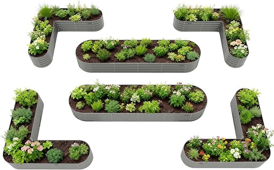 A ANLEOLIFE 6-Piece 18 Inch Tall Quartz Grey Raised Garden Beds Kit, Heart-Shaped & Long Oval Planters for Creative Garden Layouts.