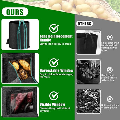 MJZ 3 Pack 15 Gallon Potato Grow Bags with Harvest Observation Windows, 380G Thickened Potato Bags for Growing Potatoes, Heavy Duty Nonwoven Fabric Garden Growing Containers to Grow Vegetable Tomatoes